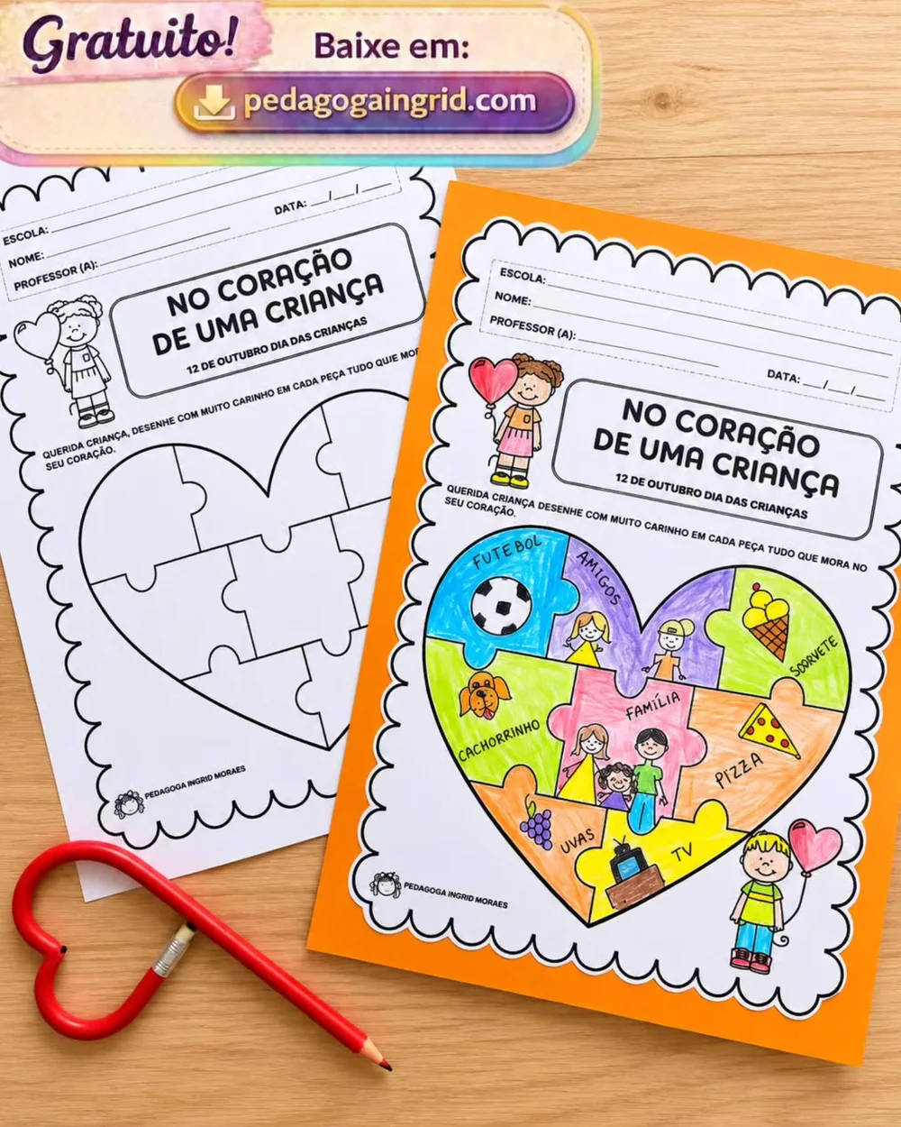 Atividade autoral No Coração de uma Criança, com coração em peças para desenhar.